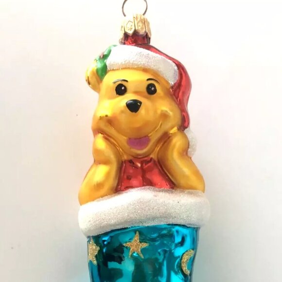 Rare Christopher Radko Disney WINNIE THE POOH Teal Blue Stocking Glass Ornament - Picture 6 of 9